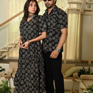 Couple Matching Black floral Printed Cotton Anarkali Midi Dress & Shirt Set ? Summer Casual Wear